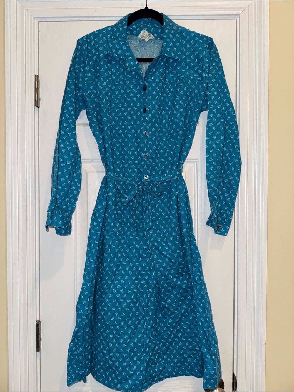 Vintage 70s Blue Floral Cottagecore Prairie Midi Dress Belted Size 16 USA Nancy - Picture 2 of 10